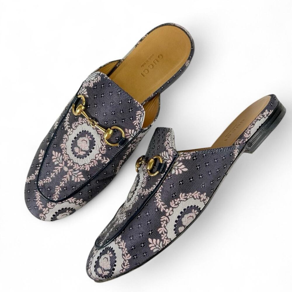 GUCCI Princetown Horsebit Floral Jacquard Canvas Mules